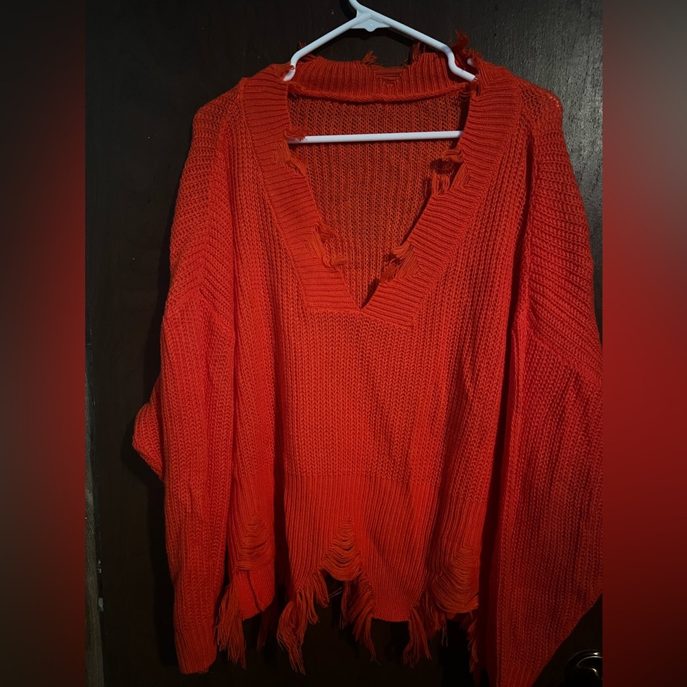 Bright Orange Distressed Ripped Sweater - Picture 3 of 3